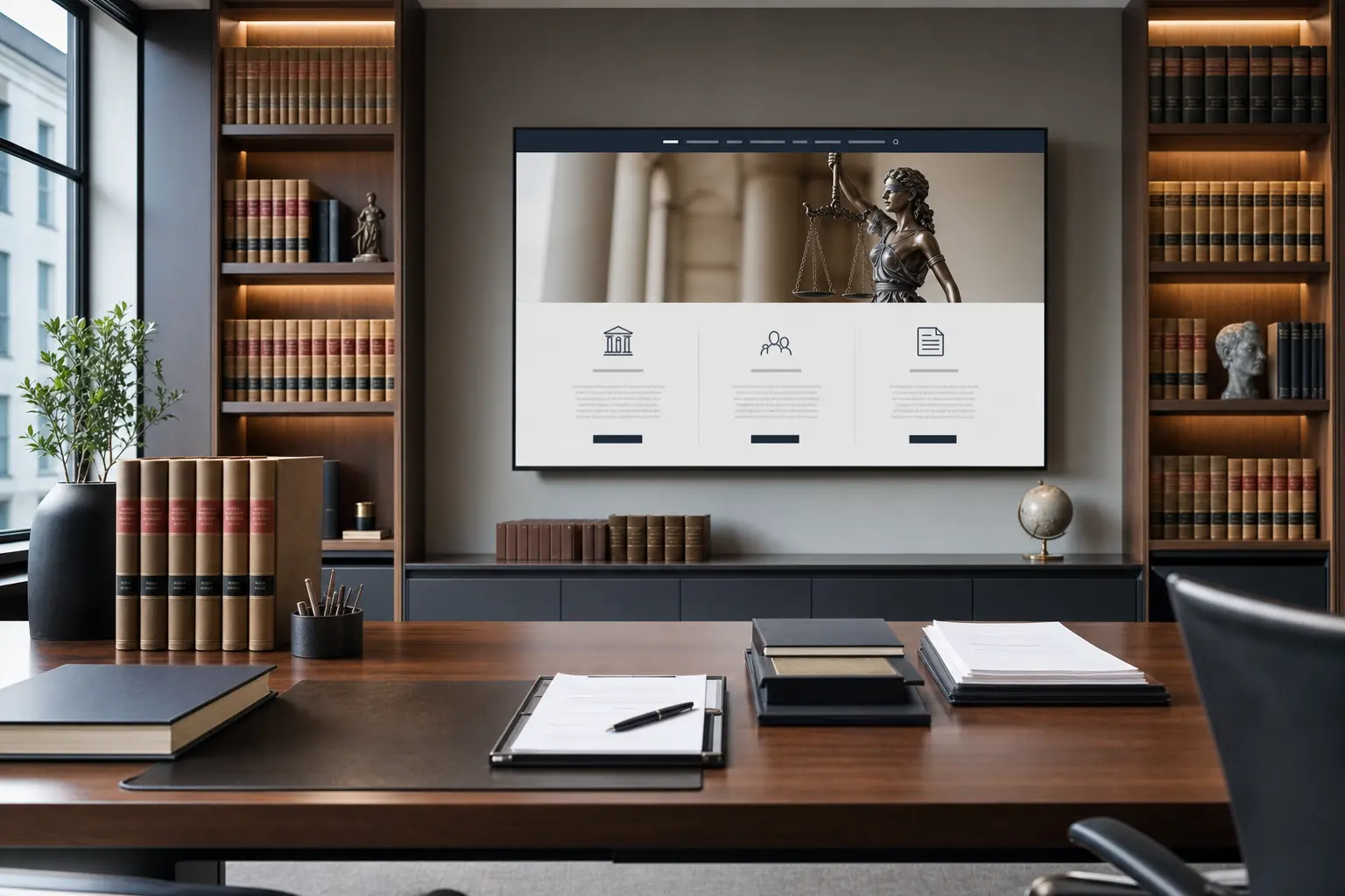 Titelbild zum Artikel Webdesign für Rechtsanwälte: Vertrauen, Klarheit und seriöse Wirkung: holztisch, rechtsbücher, dokumente, großer bildschirm, moderne website, elegantes büro