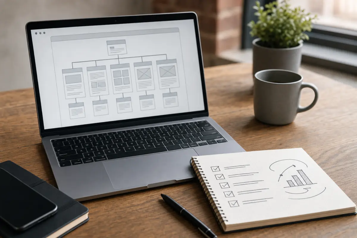 Illustration zum Artikel Was kostet eine professionelle Website in Köln?, Abschnitt 4: Notebook mit Wireframe, handschriftliche Checkliste, Kaffeebecher, Pflanzen-Topf, Schreibtisch