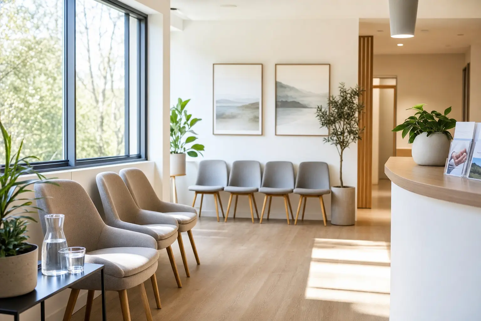 Titelbild zum Artikel SEO für Ärzte und Praxen: Wie Patienten online Vertrauen fassen: moderner Wartebereich, bequeme Stühle, Pflanzen, Arztbroschüren, Fenster mit Tageslicht