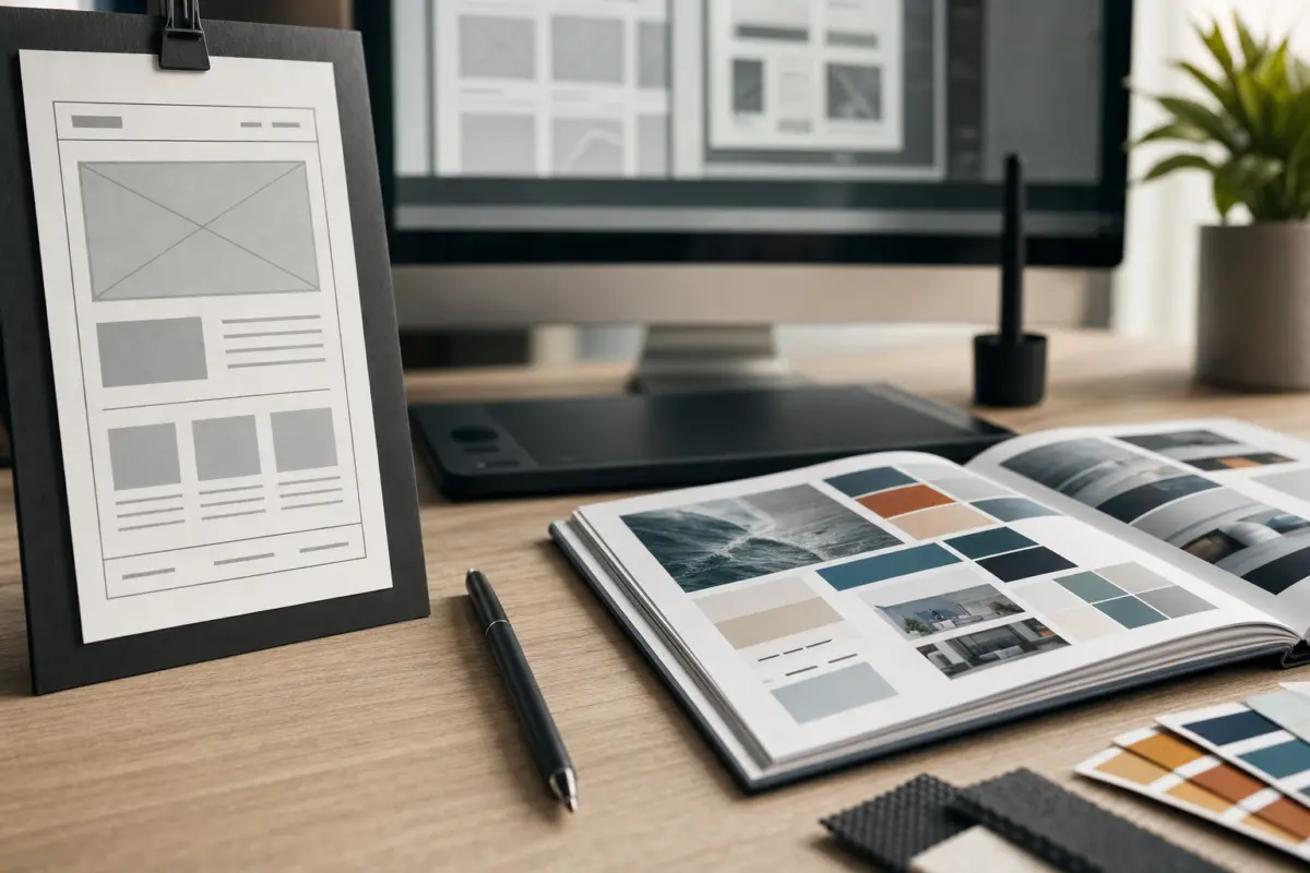 Illustration zum Artikel Professionelle Website oder Baukasten: Wann lohnt sich individuelles Webdesign?, Abschnitt 1: einfaches Schablonenmuster, Design-Portfolio, Stift, Grafiktablett, Monitor mit Wireframes