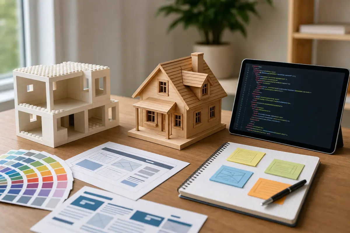 Illustration zum Artikel WordPress oder Baukasten: Was ist besser für Unternehmenswebsites?, Abschnitt 1: Modellhaus Baukasten, Holzhausmodell, Tablet mit Code, Designwerkzeuge, Notizzettel