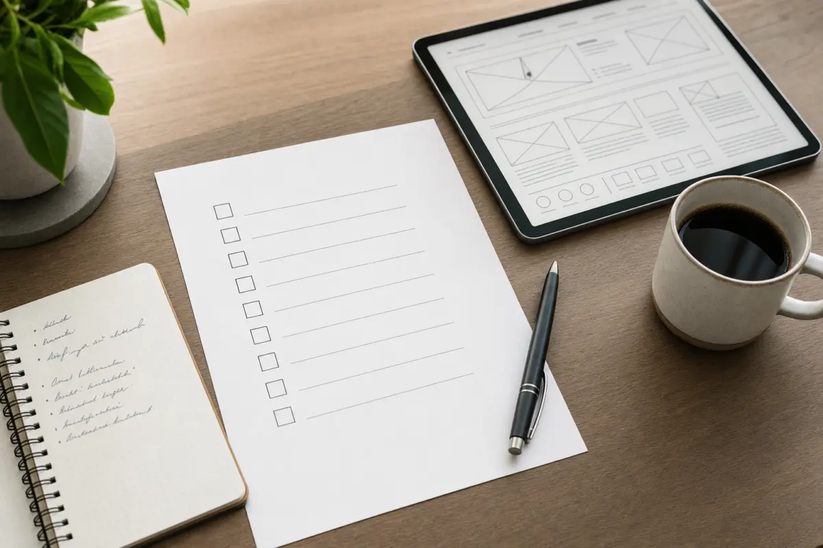 Illustration zum Artikel Was braucht eine Agentur vor dem Start eines Website-Projekts?, Abschnitt 4: Checkliste auf Papier, Kugelschreiber, Notizblock mit handschriftlichen Notizen, Tablet mit Wireframe, Kaffeetasse