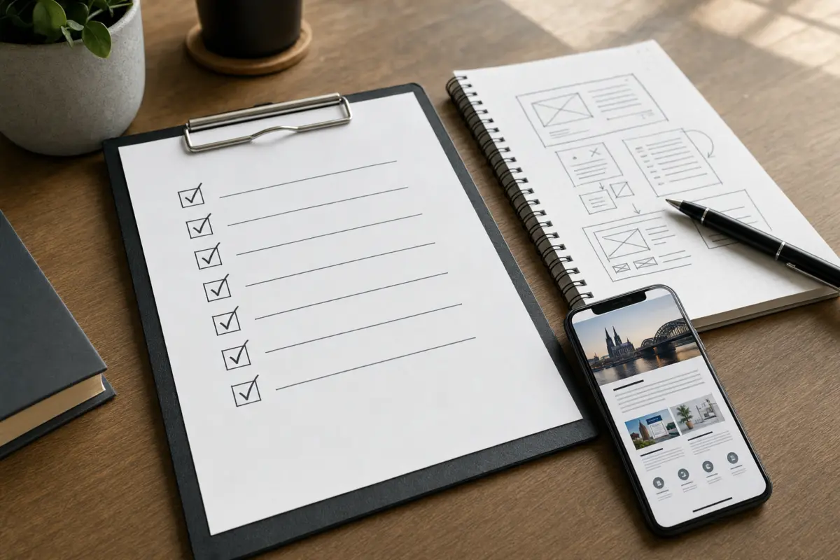 Illustration zum Artikel Webdesign und SEO in Köln: Warum beides zusammen gedacht werden sollte, Abschnitt 4: Checkliste auf Papier, Smartphone mit Website, Notizblock, Stift, Schreibtischoberfläche