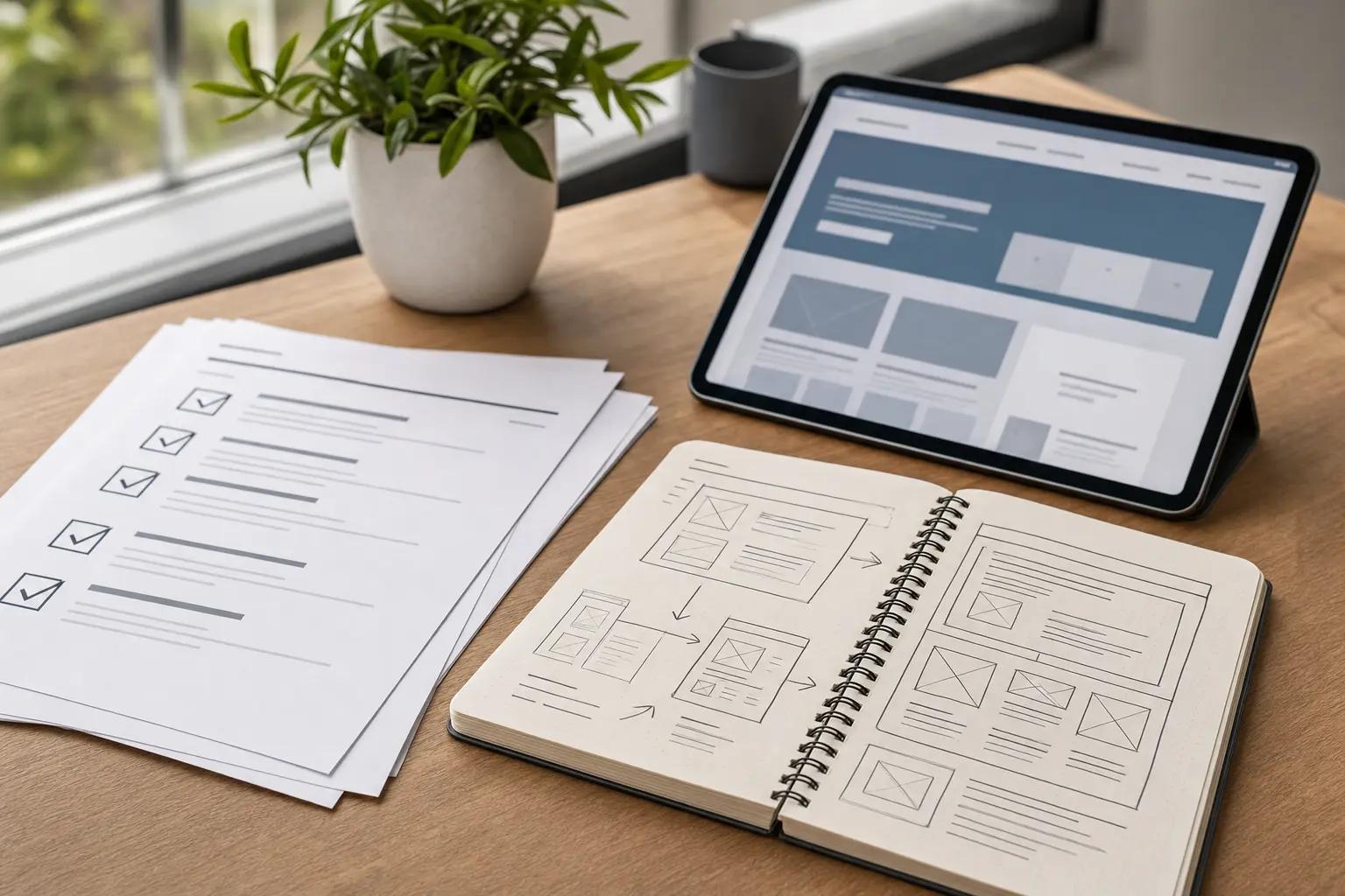 Titelbild zum Artikel Professionelle Website oder Baukasten: Wann lohnt sich individuelles Webdesign?: gedruckte Checklisten, Notizbuch mit Skizzen, Tablet mit Website-Layout, Pflanze