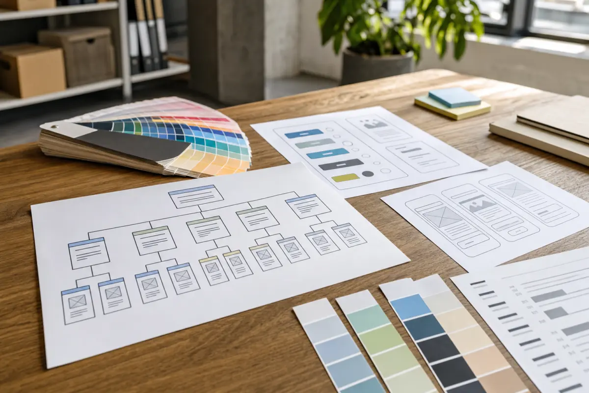 Illustration zum Artikel Wie läuft ein Webdesign-Projekt mit einer Agentur ab?, Abschnitt 2: Sitemap Ausdruck, Farbfächer, Typografieproben, UI-Skizzen, Holztisch
