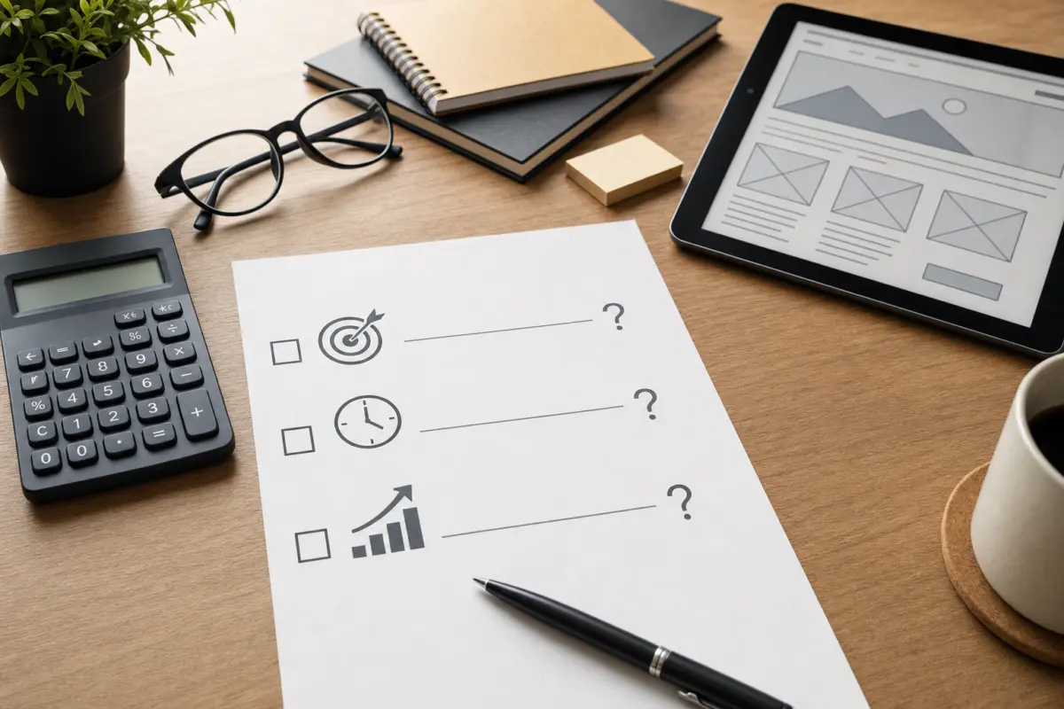 Illustration zum Artikel Website selbst erstellen oder Agentur beauftragen?, Abschnitt 4: gedruckter Entscheidungsrahmen, Taschenrechner, Stift, Brille, Tablet mit Website-Skizze