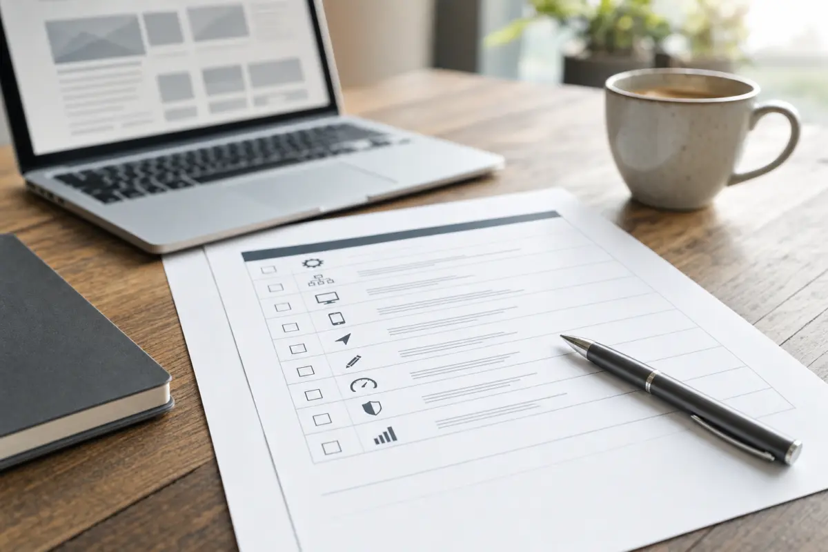 Illustration zum Artikel Website modernisieren statt neu erstellen: Wann reicht eine Überarbeitung?, Abschnitt 2: ausgedruckte Fragebogen-Checkliste, moderner Stift, Laptop unscharf, Kaffeetasse