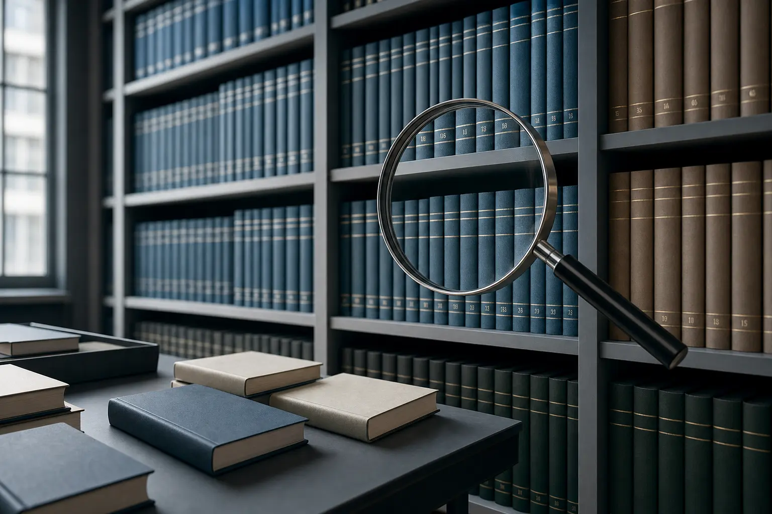 Titelbild zum Artikel Warum wird meine Website nicht indexiert?: Regale, nummerierte Bücher, Tisch, Bücher außerhalb der Regale, Lupe