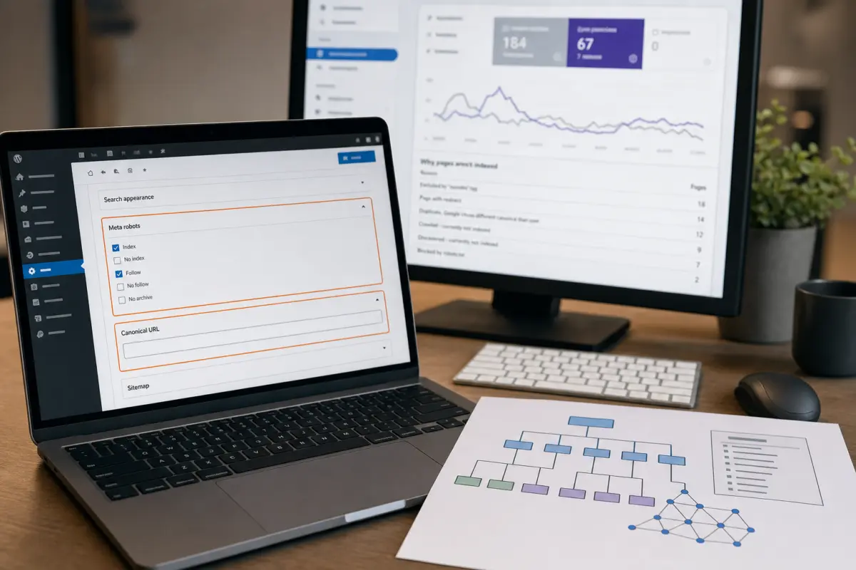 Illustration zum Artikel Warum wird meine Website nicht indexiert?, Abschnitt 2: Laptop mit WordPress Backend, gedrucktes Blatt mit Sitemap und Verlinkungsstruktur, PC Bildschirm