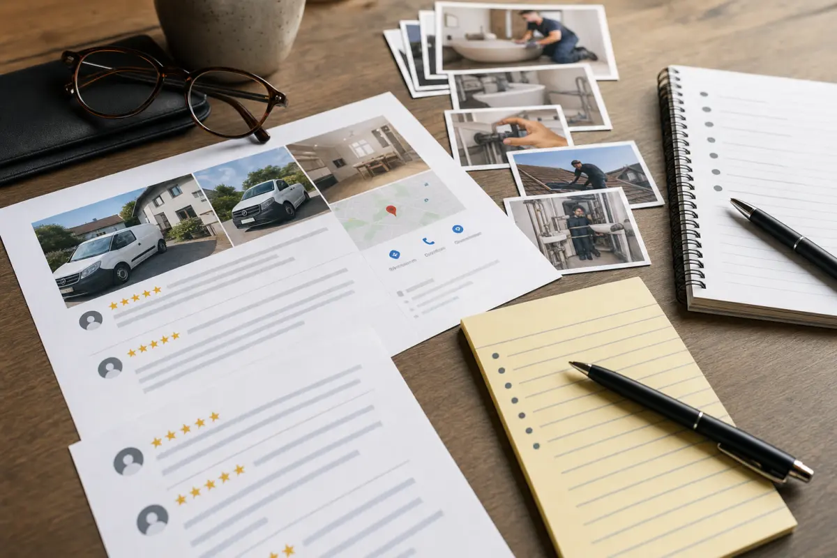 Illustration zum Artikel SEO für Handwerker: Wie regionale Betriebe über Google Anfragen gewinnen, Abschnitt 2: ausgedruckte Google-Unternehmensprofile, gedruckte Kundenbewertungen, Notizblätter mit Öffnungszeiten, Fotos vom Handwerksbetrieb, Stifte, Brillenetui