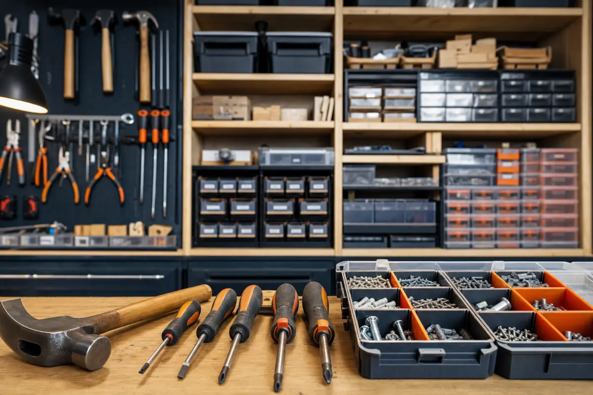 Illustration zum Artikel Website-Struktur planen: Warum gutes Webdesign nicht mit Farben beginnt, Abschnitt 3: Werkstattregal, Schraubendreher, Hammer, Sortierboxen, Beschriftungsaufkleber, Werkzeughalterung, Arbeitslampe