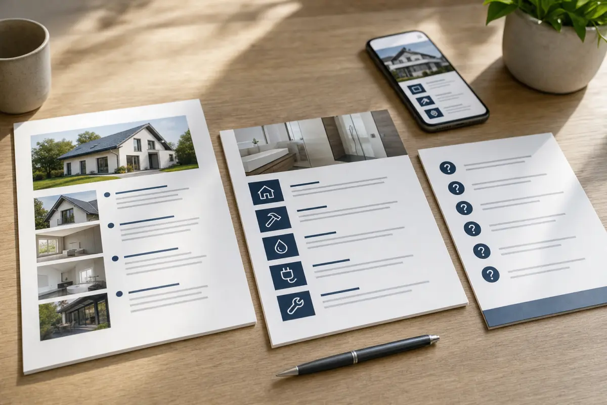Illustration zum Artikel Webdesign für Handwerker: Eine Website, die Vertrauen und Anfragen bringt, Abschnitt 3: Angebotsübersicht, Leistungsprofil, Kundenfragen Liste, Holztisch, Smartphone, natürlicher Schatten