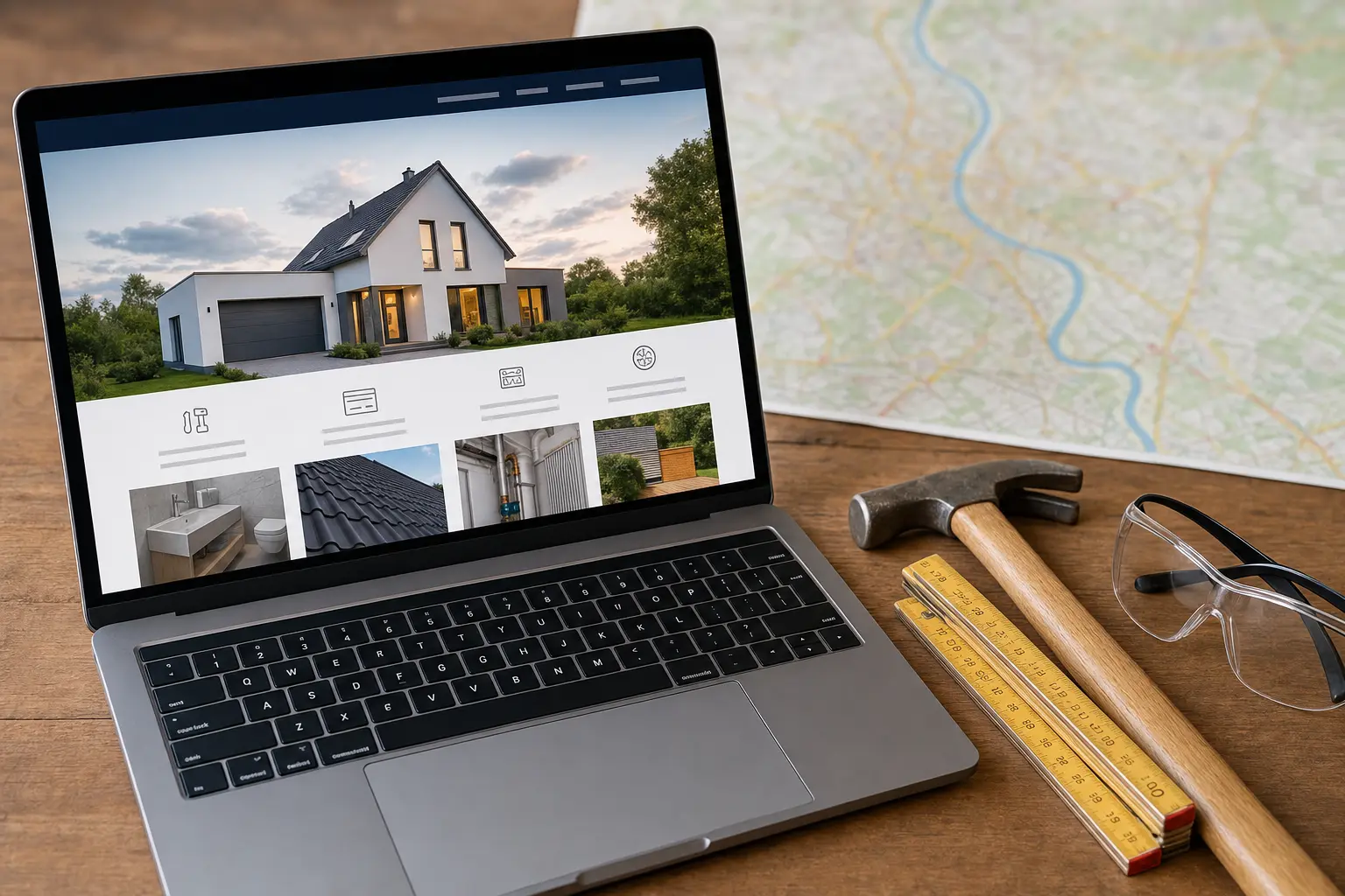 Titelbild zum Artikel Webdesign für Handwerker: Eine Website, die Vertrauen und Anfragen bringt: Laptop mit Website-Ansicht,Hammer,Zollstock,Schutzbrille,Holztisch,unscharfer Stadtplan im Hintergrund