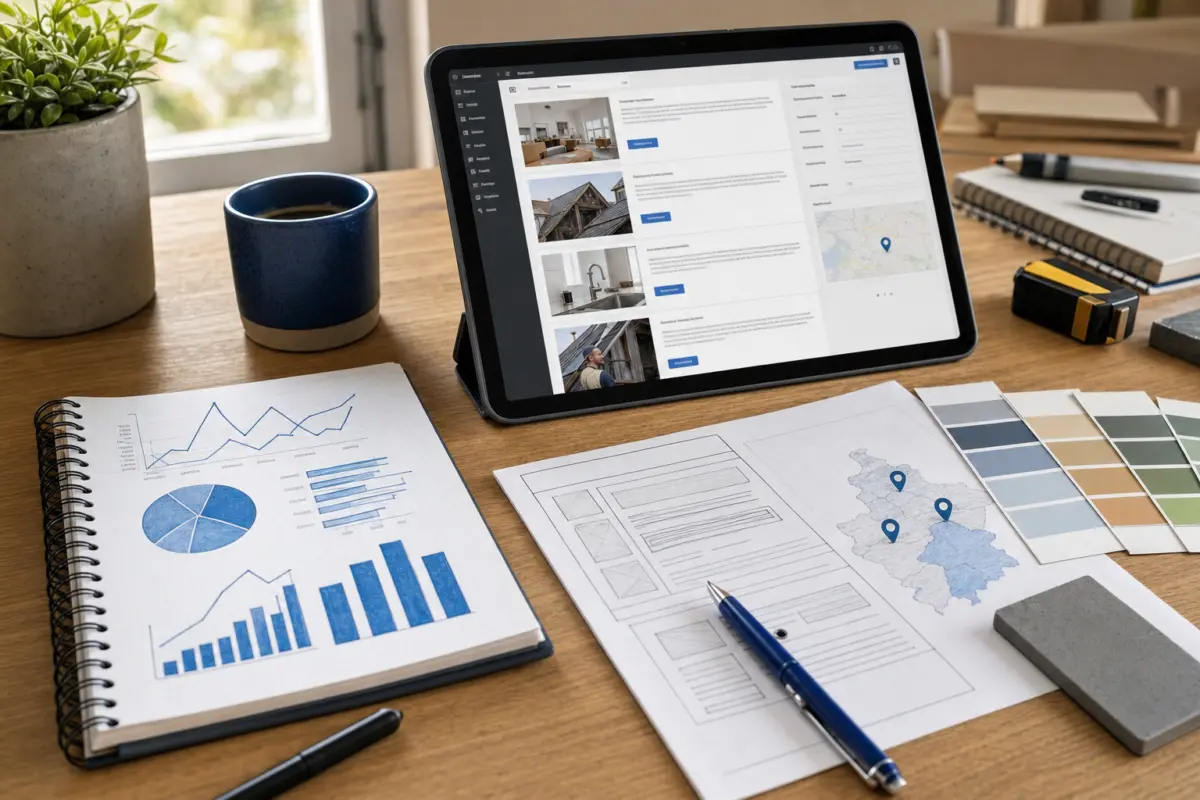 Illustration zum Artikel Webdesign für Handwerker: Eine Website, die Vertrauen und Anfragen bringt, Abschnitt 4: Notizblätter mit Website-Statistiken, Farbproben, Skizzen regionaler Karten, Tablet mit CMS-Interface, Stifte, Holzschreibtisch