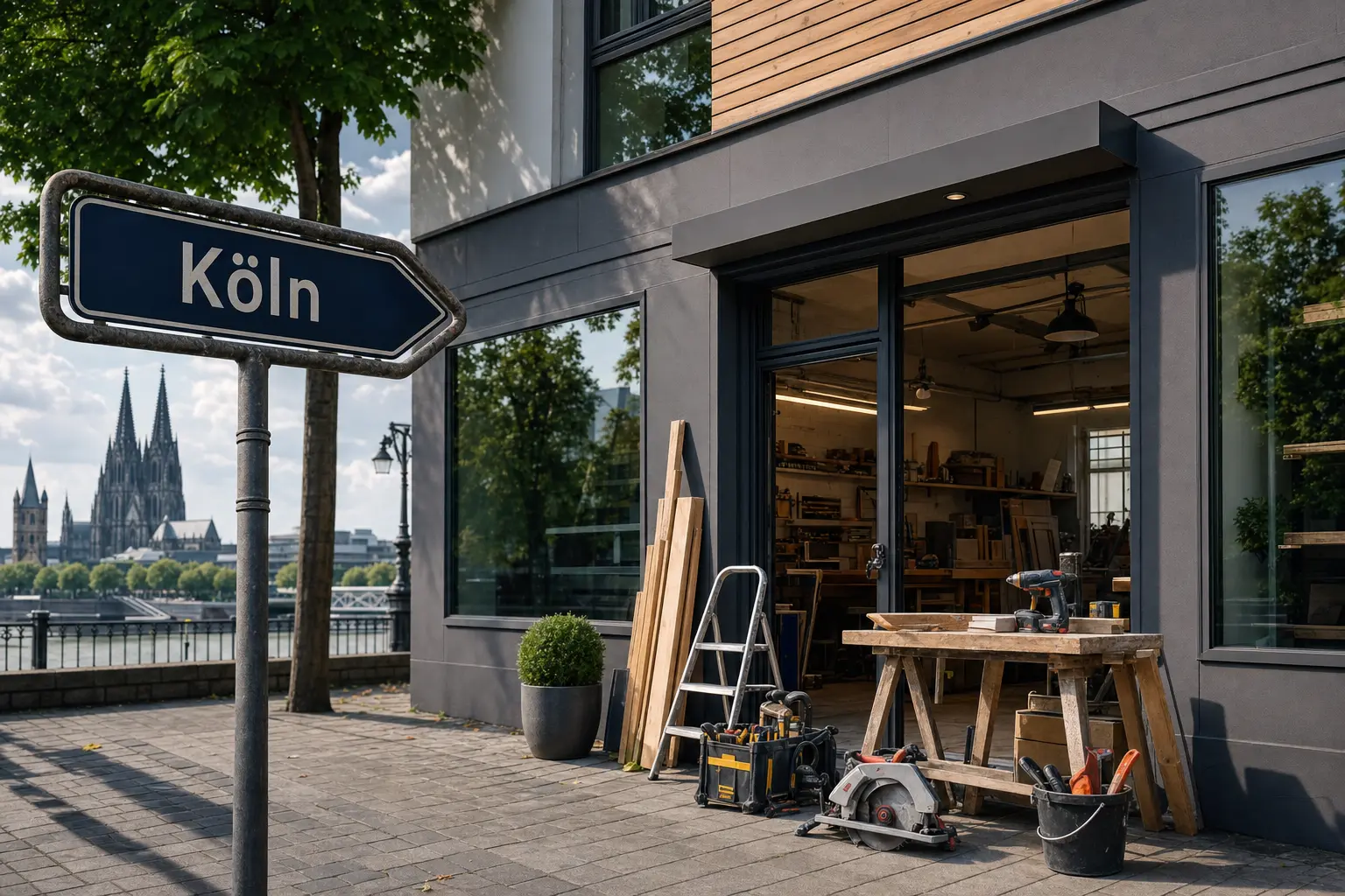 Titelbild zum Artikel SEO für Handwerker: Wie regionale Betriebe über Google Anfragen gewinnen: Handwerksbetrieb Fassade, Werkzeuge vor dem Eingang, Straßenschild Köln, modernes Firmenschild
