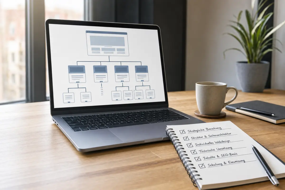 Illustration zum Artikel Website erstellen lassen in Köln: Was eine gute Agentur leisten sollte, Abschnitt 1: Laptop mit Website Baumdiagramm, handschriftliche Checkliste, Kaffeetasse, Notizblock, moderner Schreibtisch