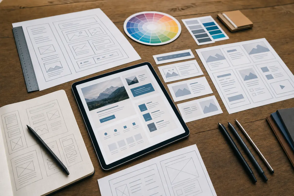 Illustration zum Artikel WordPress-Case: Individuelle Umsetzung statt Standard-Theme, Abschnitt 4: Papier mit Modulskizzen, Tablet mit Baustein-Layouts, Farbrad, Stifte, Lineal