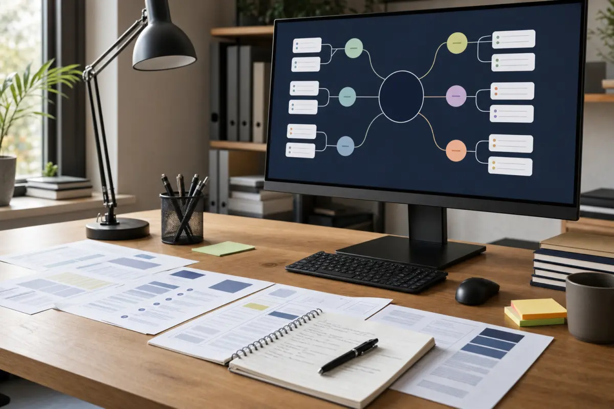 Illustration zum Artikel Wie läuft eine SEO-Betreuung konkret ab?, Abschnitt 2: ausgedruckte Textentwürfe, Stift, Notizbuch, großer Monitor mit Themenclustern, Schreibtisch