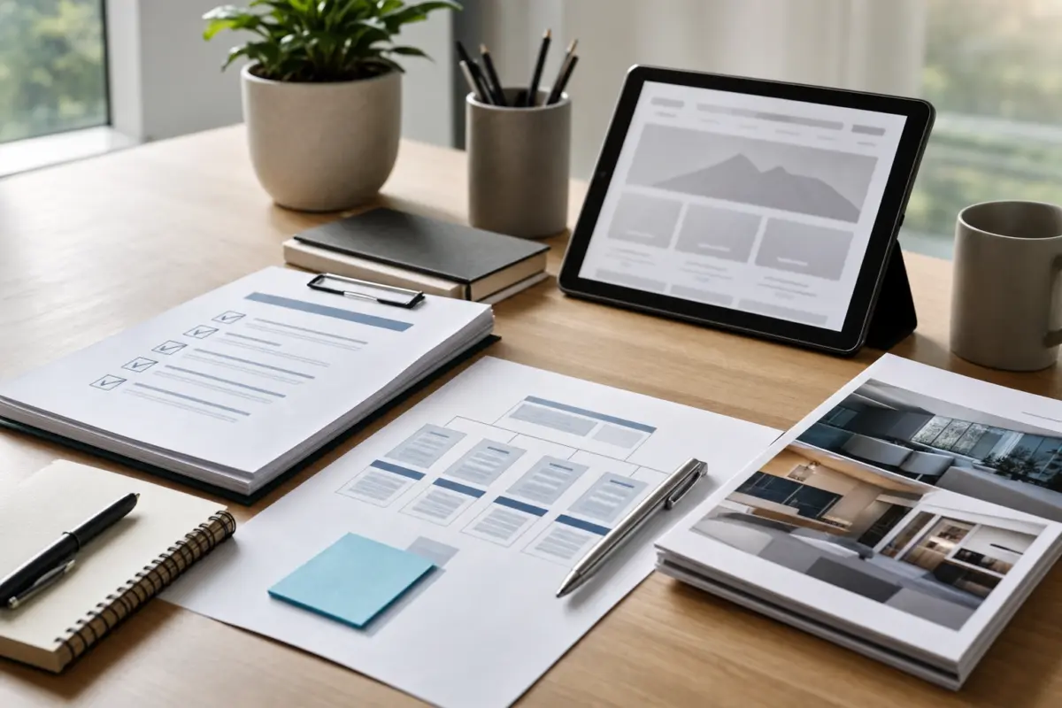 Illustration zum Artikel SEO selbst machen oder Agentur beauftragen?, Abschnitt 1: Schreibtisch, SEO Checklisten, Produktbroschüren, Tablet mit Website-Skizze, Stifte, Notizblock