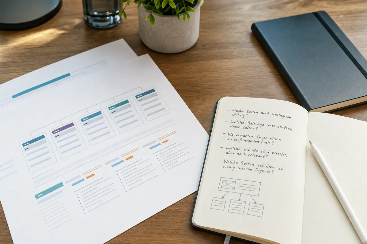 Illustration zum Artikel SEO-Case: Warum interne Verlinkung oft unterschätzt wird, Abschnitt 3: Papierausdruck Website-Content-Übersicht, handschriftliche Notizen, Notizbuch, digitaler Stift, Tischplatte