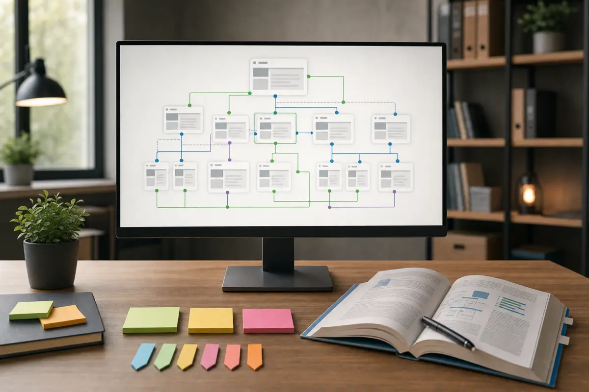 Illustration zum Artikel Warum verliert meine Website Rankings?, Abschnitt 3: Monitor mit schematischem Linknetzwerk, farbige Notizzettel, SEO-Fachbuch, Stift, Schreibtischoberfläche