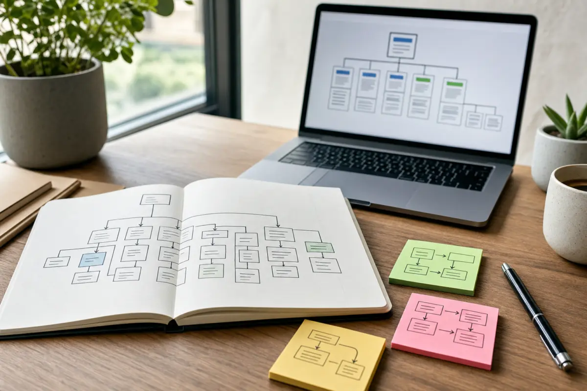 Illustration zum Artikel Warum erscheinen meine Leistungen nicht bei Google?, Abschnitt 3: aufgeschlagener SEO-Planer, farbige Haftnotizen, Laptop mit Website-Strukturgrafik, Kugelschreiber
