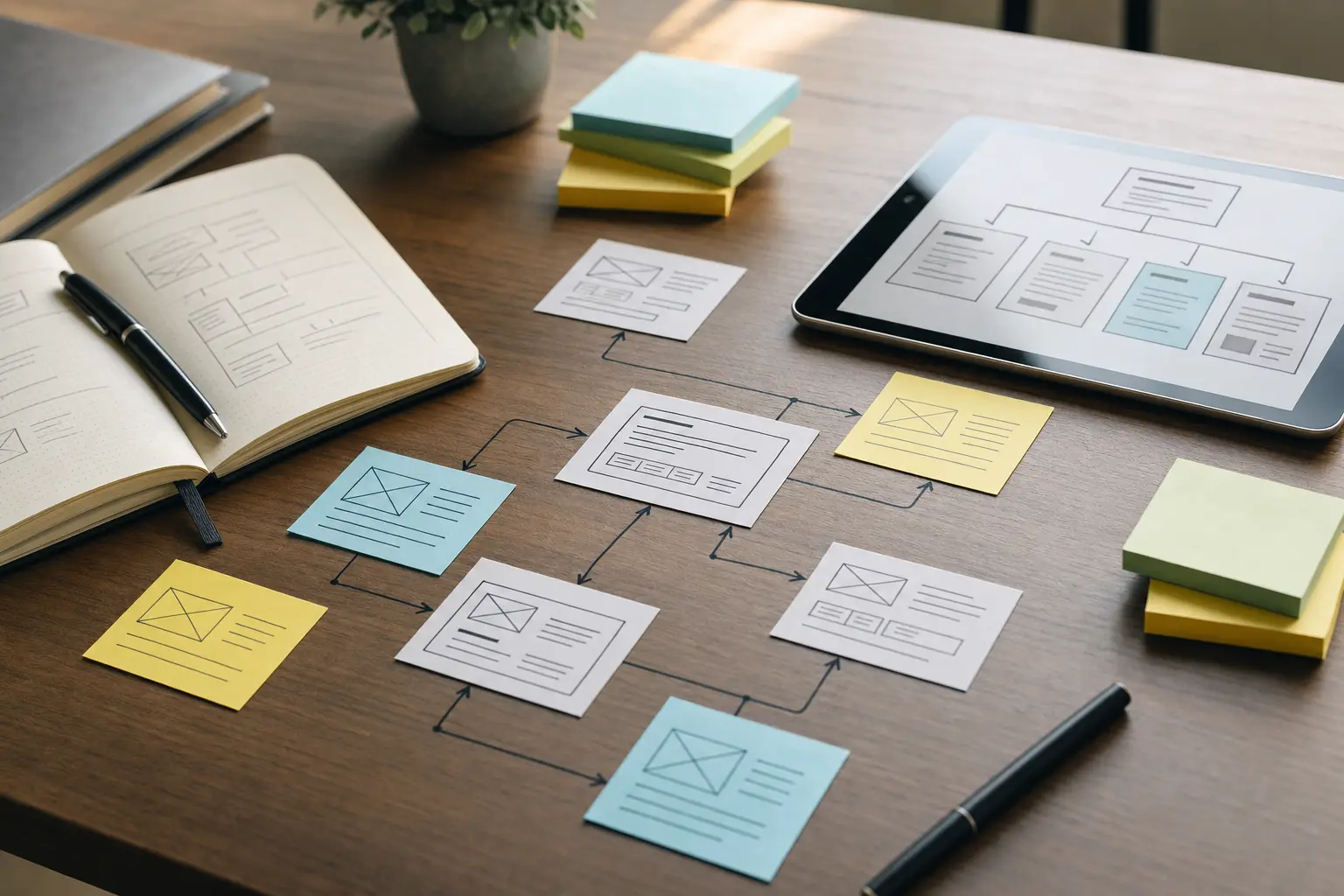Titelbild zum Artikel SEO-Case: Warum interne Verlinkung oft unterschätzt wird: Zettel mit Skizzen, Post-its, feine Linien als Verbindungsdarstellung, Notizbuch, Tablet