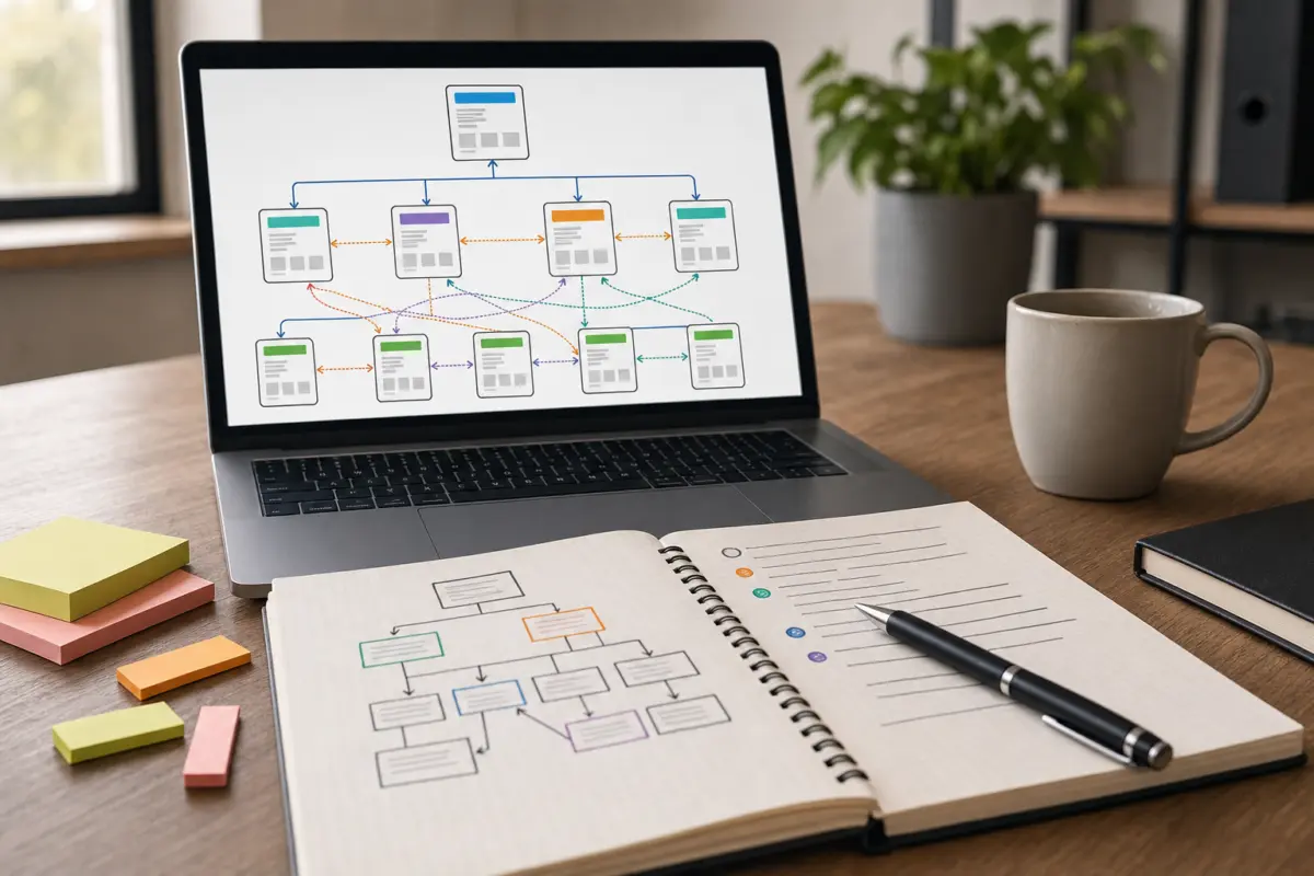 Illustration zum Artikel SEO-Case: Warum interne Verlinkung oft unterschätzt wird, Abschnitt 4: Laptop mit Website-Struktur-Diagramm, handschriftliche Notizen auf Papier, Kugelschreiber, Post-its