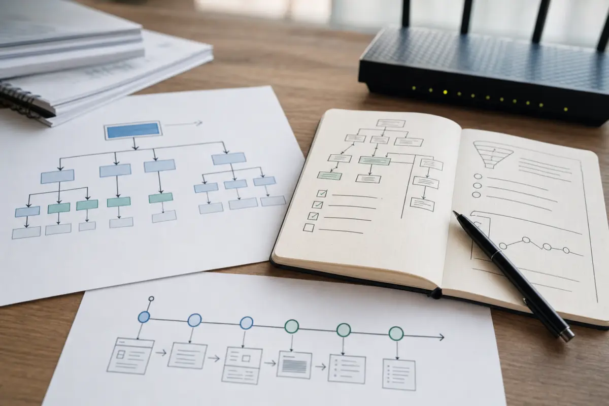 Illustration zum Artikel SEO-Case: Wie technische Optimierung eine Website wieder besser crawlbar machte, Abschnitt 2: Sitemap-Diagramme auf Papier, technische Notizen, Timeline-Skizze, Router, Schreibtischoberfläche