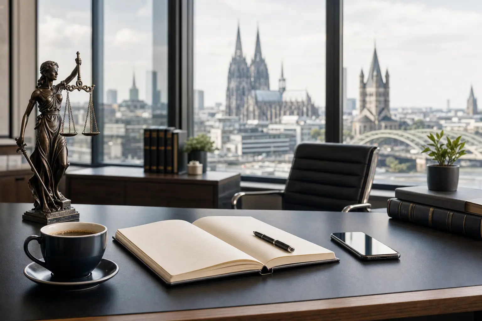 Titelbild zum Artikel SEO für Rechtsanwälte: Sichtbarkeit in einem sensiblen Markt: moderner Schreibtisch, aufgeschlagenes Notizbuch, Smartphone, Kaffeetasse, Justitia-Skulptur, großes Fenster, Stadtkulisse Köln