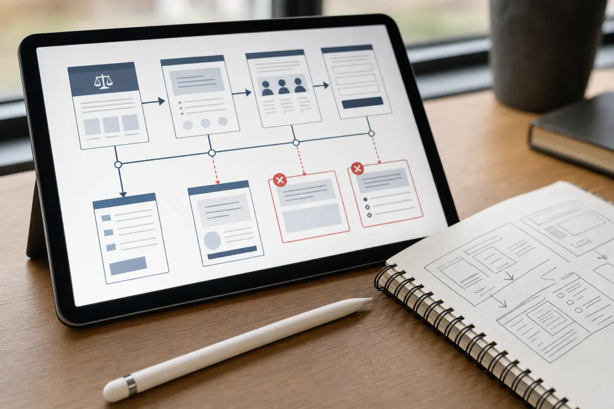 Illustration zum Artikel Webdesign für Rechtsanwälte: Vertrauen, Klarheit und seriöse Wirkung, Abschnitt 2: digitales Whiteboard, Flussdiagramm Website Struktur, Notizbuch, Stylus, Handzeichnung