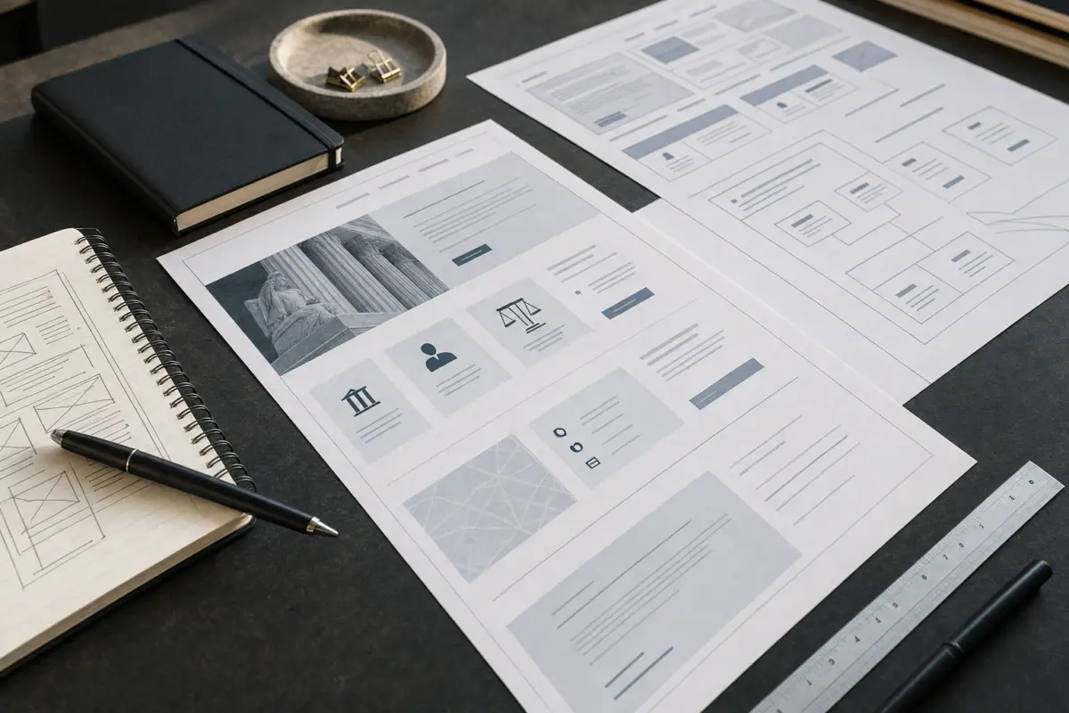 Illustration zum Artikel Webdesign für Rechtsanwälte: Vertrauen, Klarheit und seriöse Wirkung, Abschnitt 1: gedruckte Website-Strukturpläne, Skizzen, Stift, Lineal, Notizblock