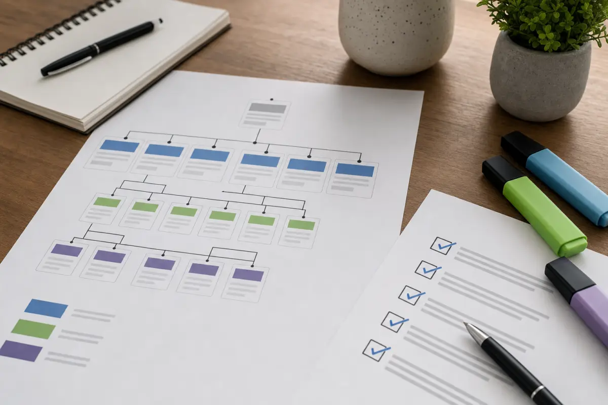 Illustration zum Artikel Warum erscheinen meine Leistungen nicht bei Google?, Abschnitt 4: ausgedruckter Website-Architektur-Plan, farbige Marker, gedruckte Checkliste, Kugelschreiber, Notizblock