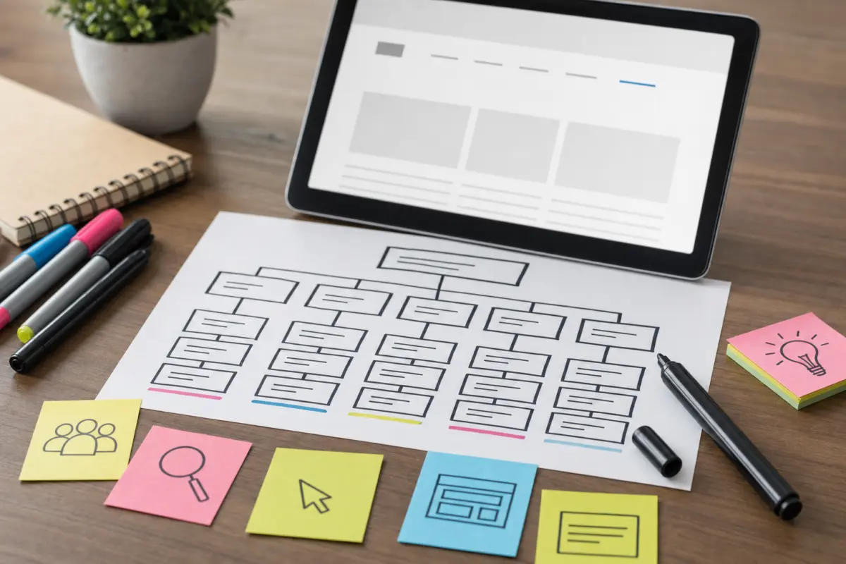 Illustration zum Artikel Website erstellen lassen in Köln: Welche Fehler Unternehmen vermeiden sollten, Abschnitt 2: Papier mit Navigationsplan, Marker, Notizzettel mit Keywords, Tablet mit Menüstruktur
