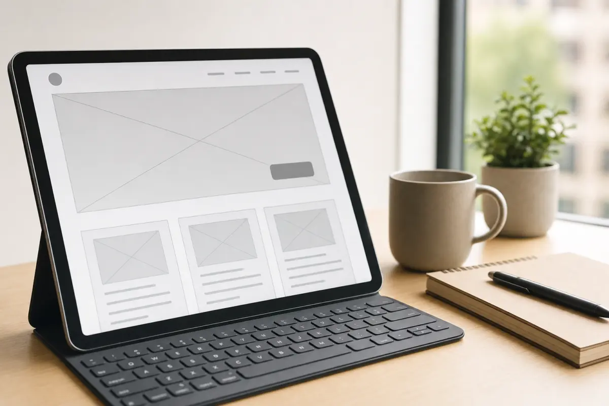 Illustration zum Artikel Webdesign in Köln: Was lokale Unternehmen wirklich brauchen, Abschnitt 3: Tablet oder Laptop mit Webseitenstruktur Interface, Tasse, Notizblock, Stift, ruhiger Schreibtisch