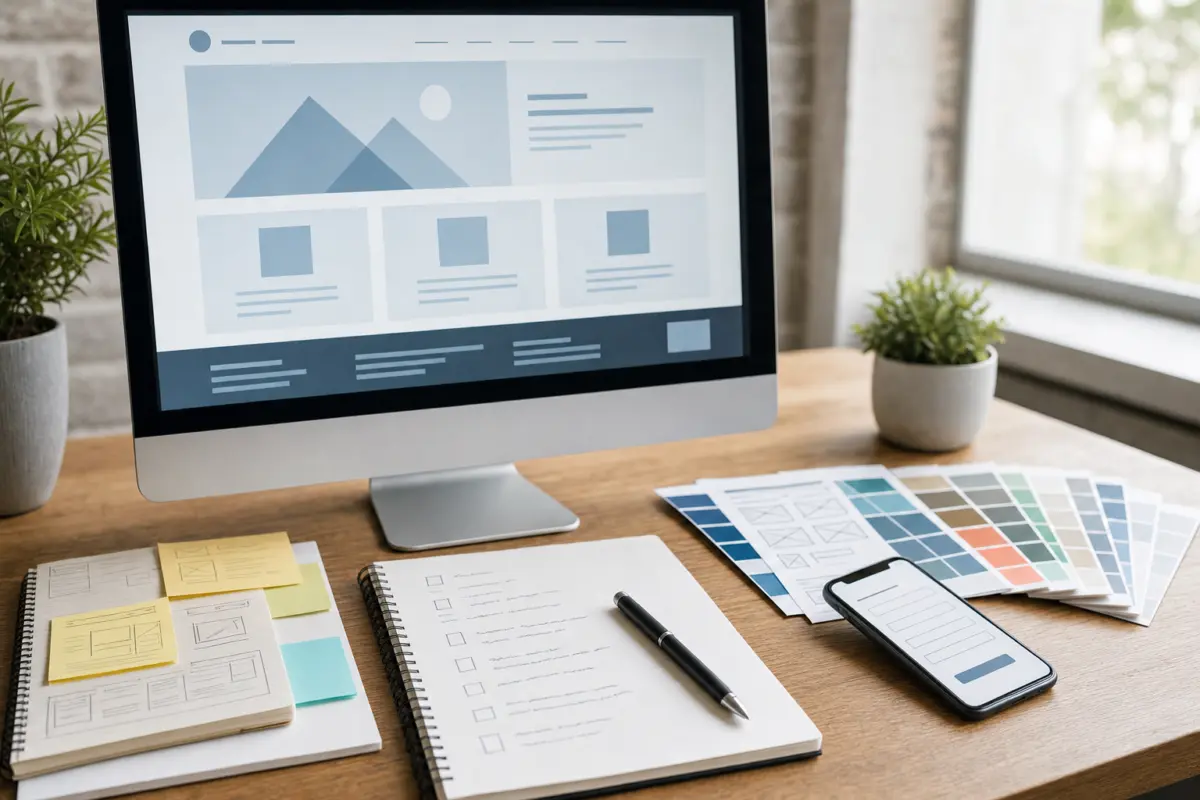 Illustration zum Artikel Webdesign für Dienstleister: Wie Websites Vertrauen und Anfragen erzeugen, Abschnitt 1: Computerbildschirm, Notizzettel, Farbkarten, Smartphone, Kugelschreiber