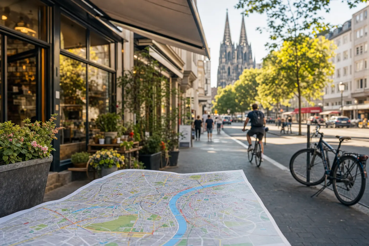 Titelbild zum Artikel SEO für Kölner Unternehmen: Lokale Sichtbarkeit ohne leere Versprechen: Kölner Stadtteil mit Geschäften, Straßenschilder, Straßenkarte, urbane Umgebung, Fahrradfahrer, Lokalgeschäfte