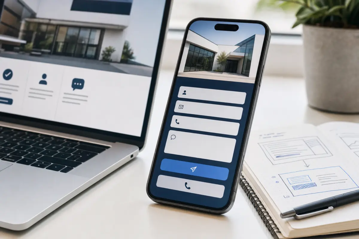 Illustration zum Artikel Webdesign und Conversion: Wie aus Besuchern Anfragen werden, Abschnitt 3: Smartphone, Laptop, Kontaktformular auf Smartphone, große Buttons, Notizblock, Stift