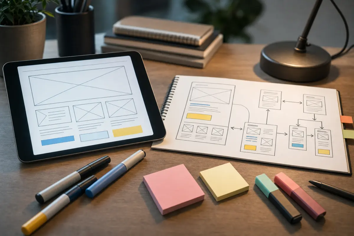 Illustration zum Artikel Landingpage oder Website: Was braucht Ihr Unternehmen wirklich?, Abschnitt 1: Tablet mit Wireframe, handschriftliche Notizen, farbige Marker, Notizblock, Schreibtischlampe