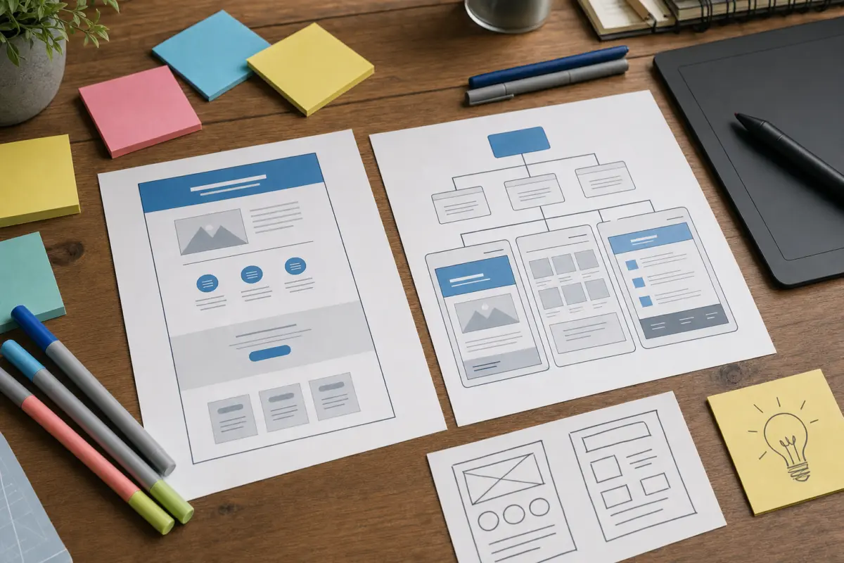 Illustration zum Artikel Landingpage oder Website: Was braucht Ihr Unternehmen wirklich?, Abschnitt 2: gedruckte Diagramme, Notizzettel, farbige Marker, Grafiktablet-Stift, Holzschreibtisch