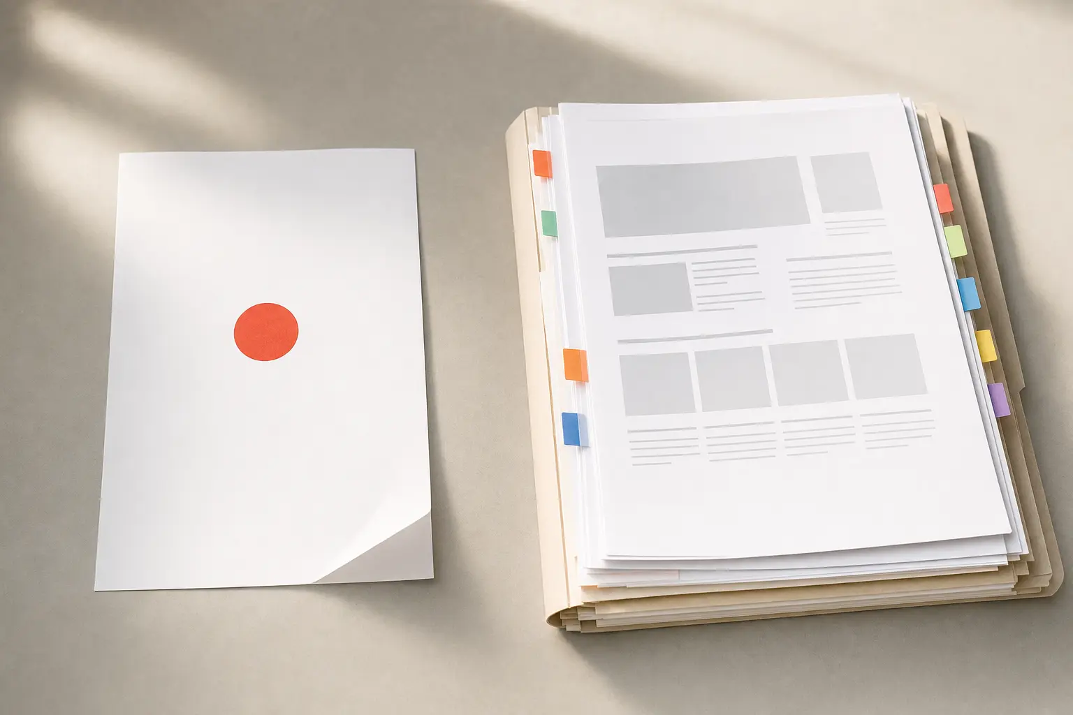 Titelbild zum Artikel Landingpage oder Website: Was braucht Ihr Unternehmen wirklich?: einzelnes markiertes Blatt Papier, aufgeschlagener Ordner mit farbigen Markierungen, hochwertige Oberfläche, weiches