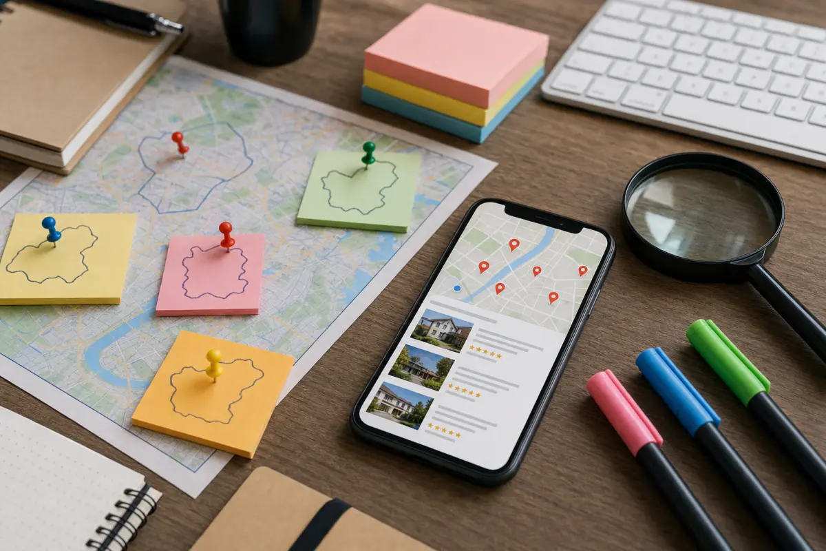Illustration zum Artikel SEO für Immobilienmakler: Lokale Sichtbarkeit in einem umkämpften Markt, Abschnitt 1: Notizen mit Städtenamen, Smartphone mit Kartendarstellung, Landkarte, farbige Marker, Tastatur, Lupe
