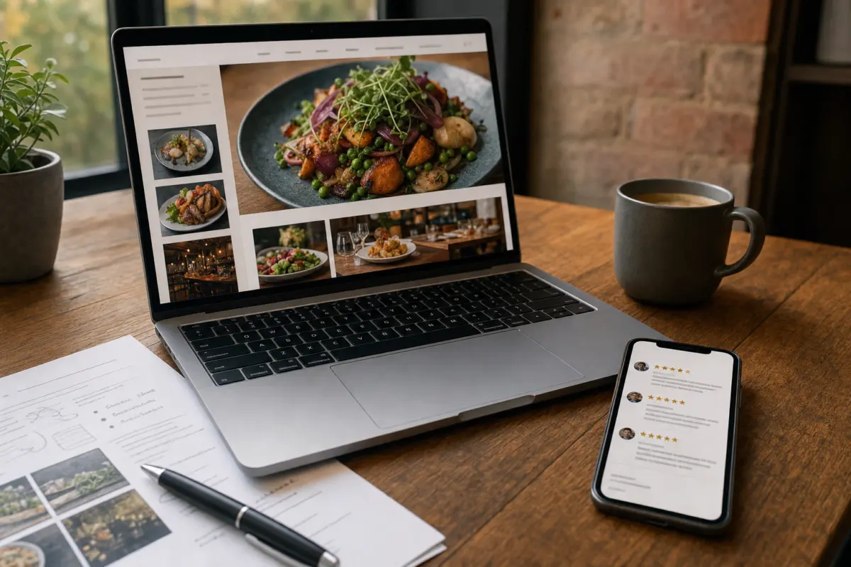 Illustration zum Artikel SEO für Restaurants: Warum lokale Sichtbarkeit mehr Gäste bringen kann, Abschnitt 3: Laptop mit Website, Konzeptpapier, Smartphone mit Bewertungen, Kugelschreiber, Kaffeetasse