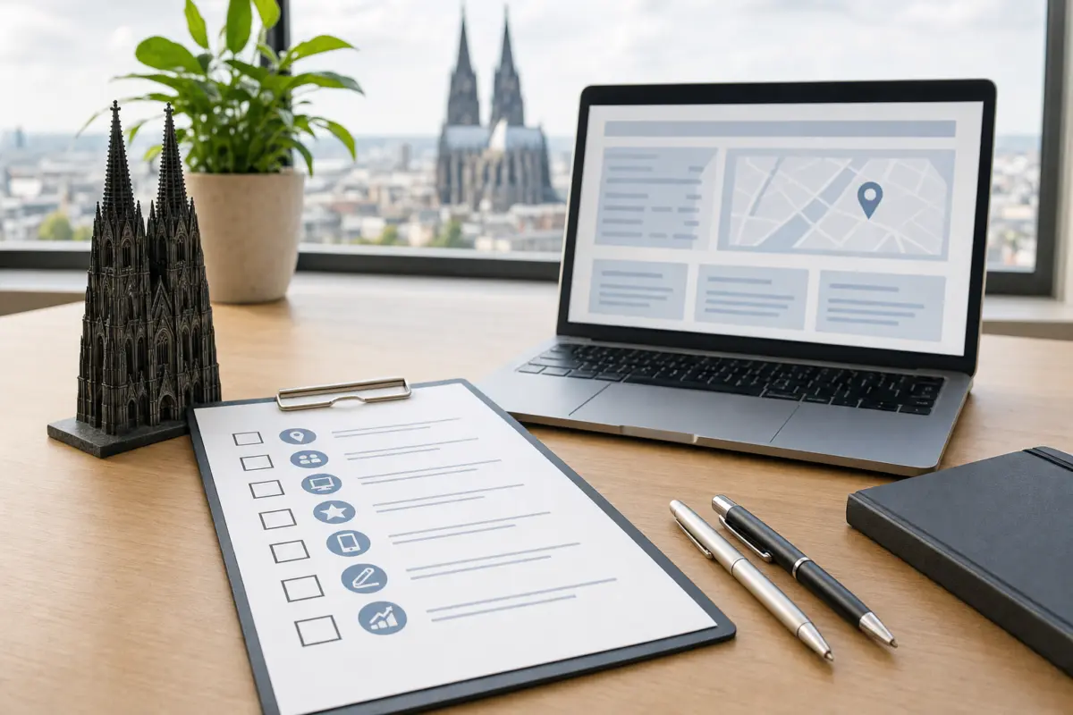 Illustration zum Artikel SEO für Kölner Unternehmen: Lokale Sichtbarkeit ohne leere Versprechen, Abschnitt 3: SEO-Checkliste auf Papier, Stifte, Laptop mit schematischer Webseite, Modell Kölner Dom