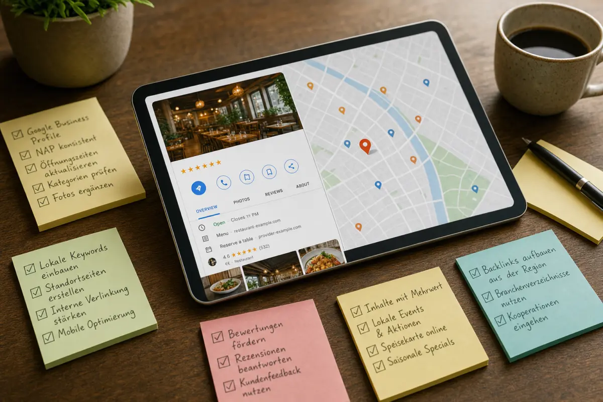 Illustration zum Artikel SEO für Restaurants: Warum lokale Sichtbarkeit mehr Gäste bringen kann, Abschnitt 1: Tablet mit Google Maps, Restaurant-Profil Anzeige, Notizzettel, Kugelschreiber, Kaffeetasse, Holztisch