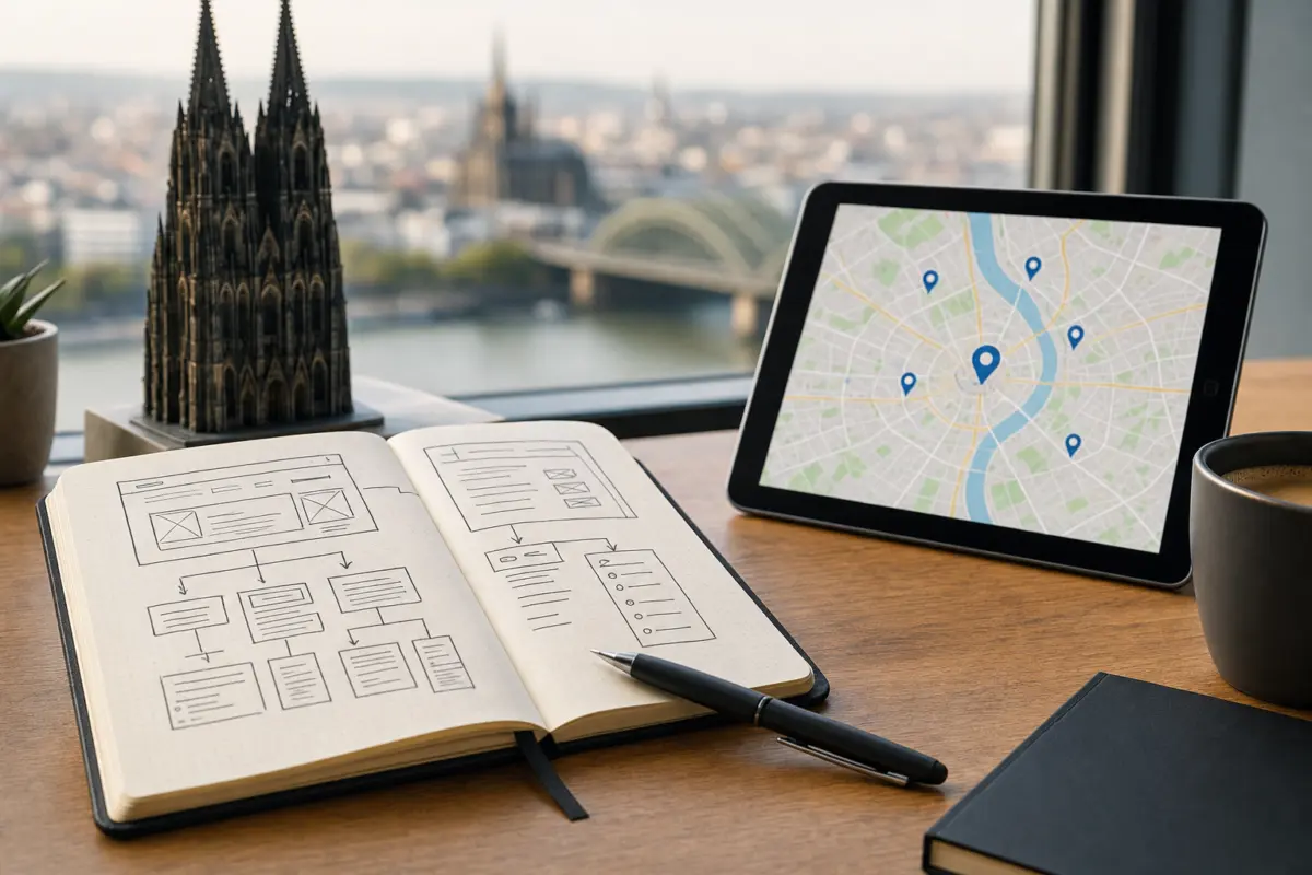 Illustration zum Artikel SEO für Kölner Unternehmen: Lokale Sichtbarkeit ohne leere Versprechen, Abschnitt 1: Notizbuch, Tablet mit Köln-Karte, Stift, Kaffeetasse, Miniatur Kölner Dom