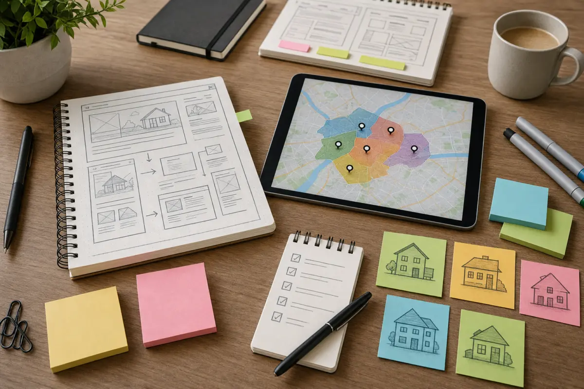 Illustration zum Artikel Webdesign für Immobilienmakler: Immobilien, Vertrauen und lokale Sichtbarkeit, Abschnitt 2: Notizbuch, Tablet mit Stadtkarte, Haftnotizen, Stifte, Checkliste, Holztisch
