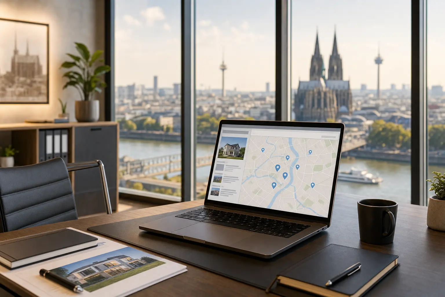 Titelbild zum Artikel SEO für Immobilienmakler: Lokale Sichtbarkeit in einem umkämpften Markt: modernes Büro, Laptop mit schematischer Website-Karte, Fenster mit Stadtblick, Schreibtisch, Bürostuhl
