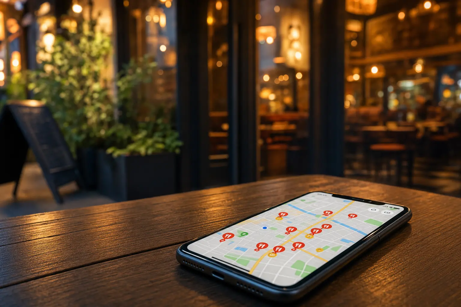Titelbild zum Artikel SEO für Restaurants: Warum lokale Sichtbarkeit mehr Gäste bringen kann: Smartphone, Google Maps App, Holztisch, Restaurant-Schild, warme Beleuchtung