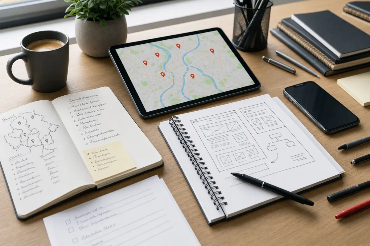 Illustration zum Artikel SEO für Kölner Unternehmen: Lokale Sichtbarkeit ohne leere Versprechen, Abschnitt 2: Skizzenblock, Notizunterlagen, Tablet mit Köln Karte, Smartphone, Stifte, Kaffeetasse